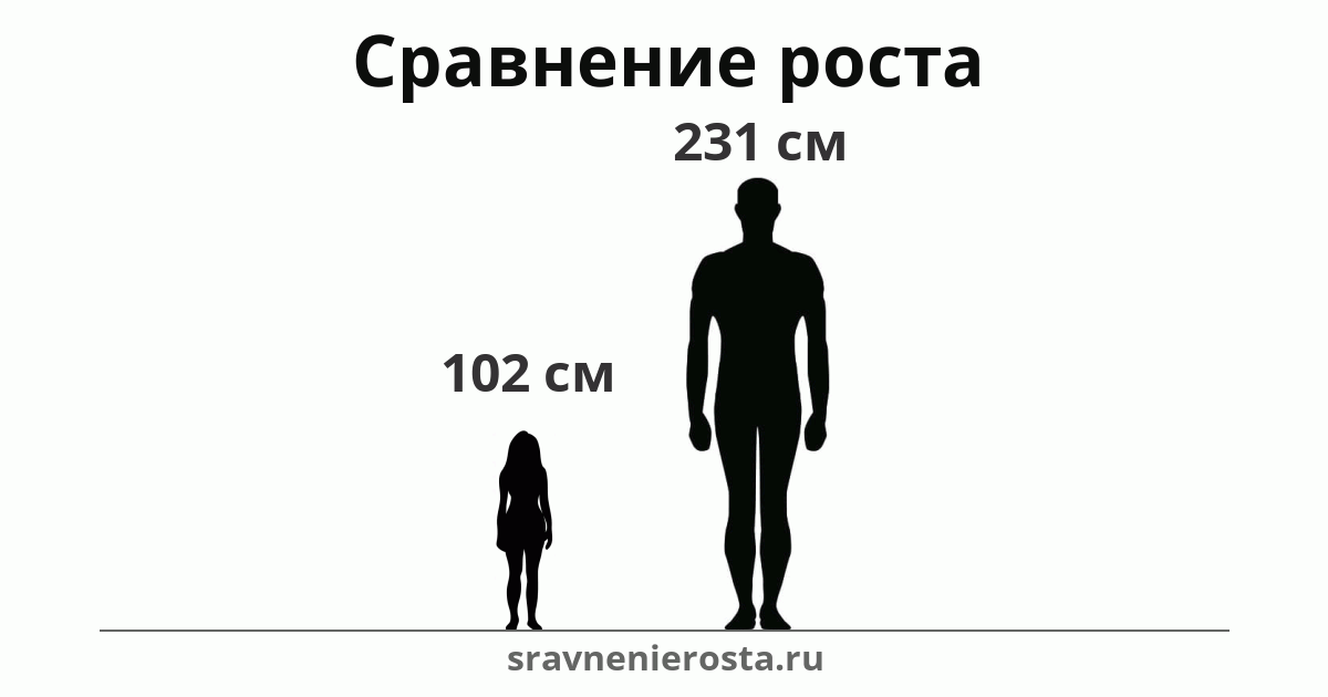 Визуализация соотношения роста женщины (102 см) и мужчины (231 см) на сайте sravnenierosta.ru