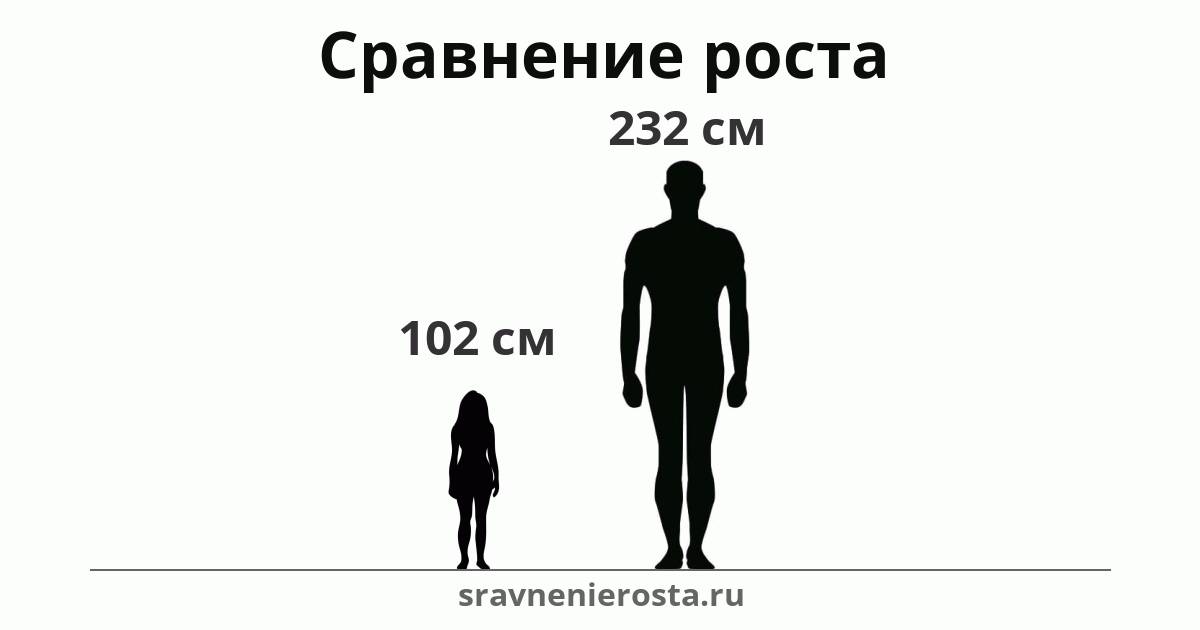 Визуализация соотношения роста женщины (102 см) и мужчины (232 см) на сайте sravnenierosta.ru