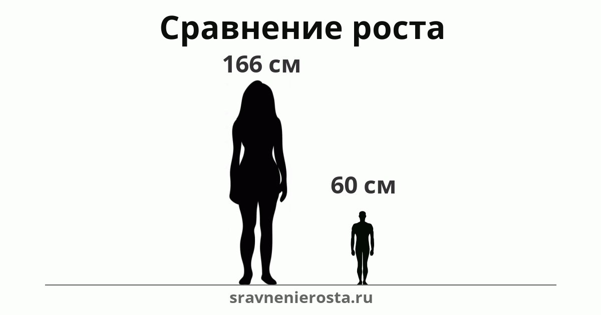 Визуализация соотношения роста женщины (166 см) и мужчины (60 см) на сайте sravnenierosta.ru