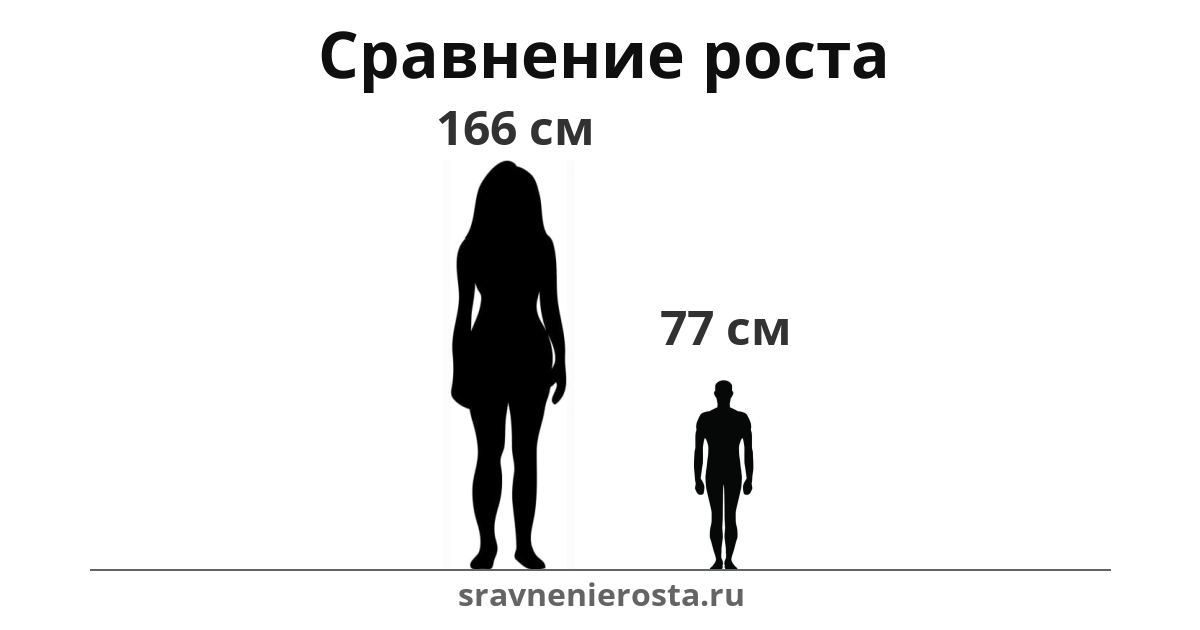 Визуализация соотношения роста женщины (166 см) и мужчины (77 см) на сайте sravnenierosta.ru