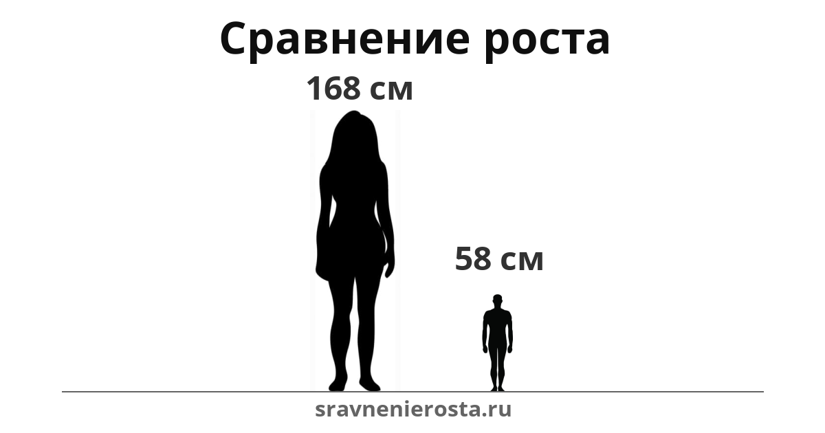 Визуализация соотношения роста женщины (168 см) и мужчины (58 см) на сайте sravnenierosta.ru