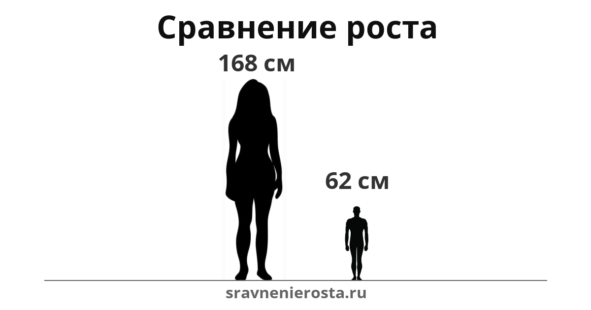 Визуализация соотношения роста женщины (168 см) и мужчины (62 см) на сайте sravnenierosta.ru