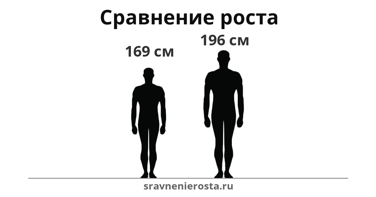 Визуализация соотношения роста мужчины (169 см) и мужчины (196 см) на сайте sravnenierosta.ru