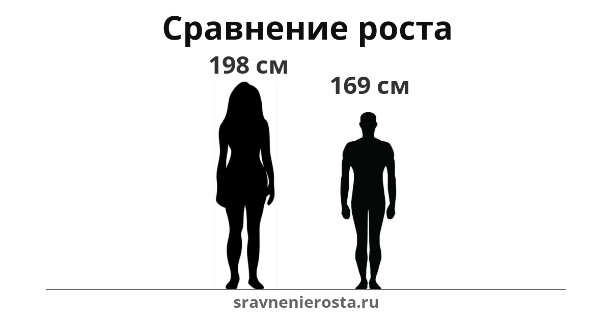 Визуализация соотношения роста женщины (198 см) и мужчины (169 см) на сайте sravnenierosta.ru