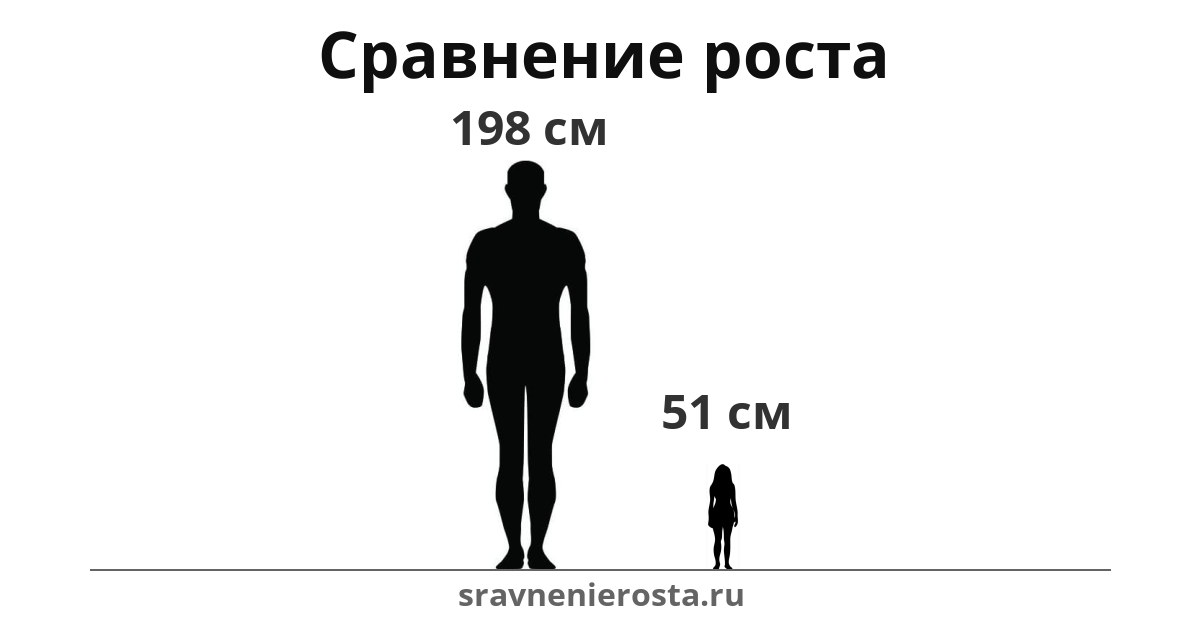 Визуализация соотношения роста мужчины (198 см) и женщины (51 см) на сайте sravnenierosta.ru