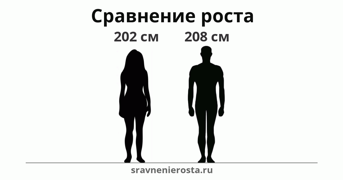 Визуализация соотношения роста женщины (202 см) и мужчины (208 см) на сайте sravnenierosta.ru