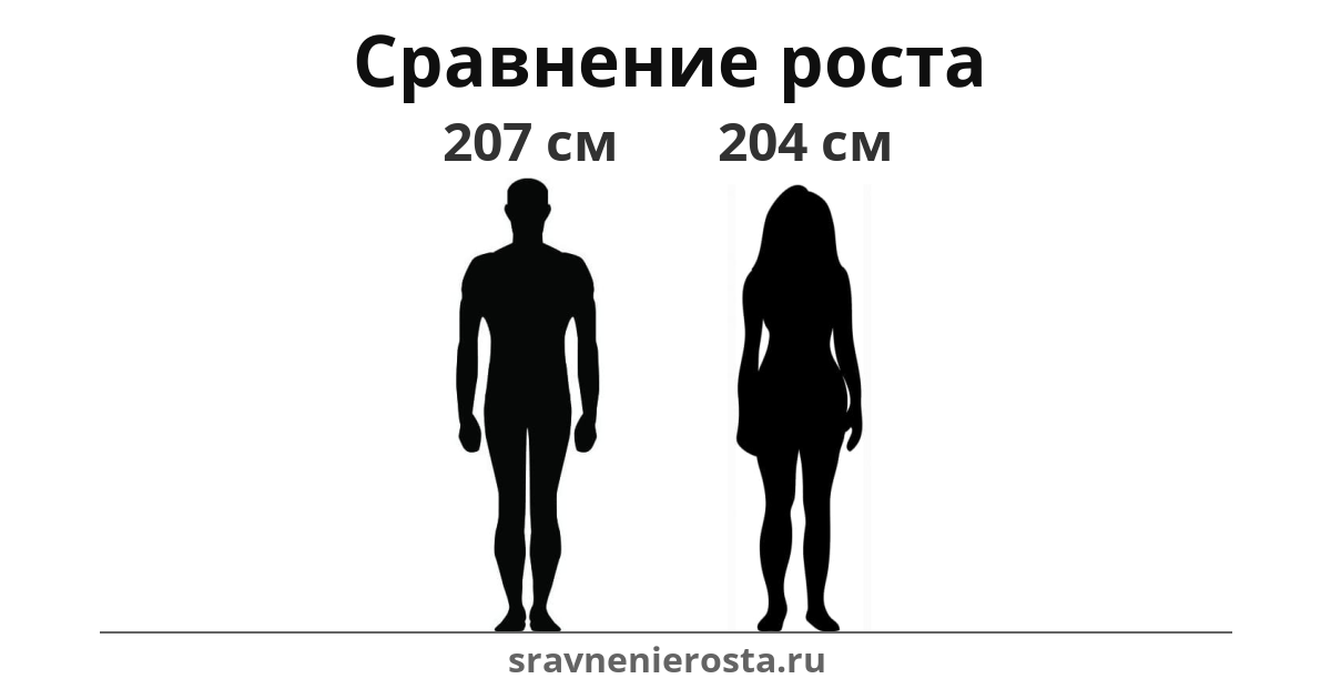 Визуализация соотношения роста мужчины (207 см) и женщины (204 см) на сайте sravnenierosta.ru