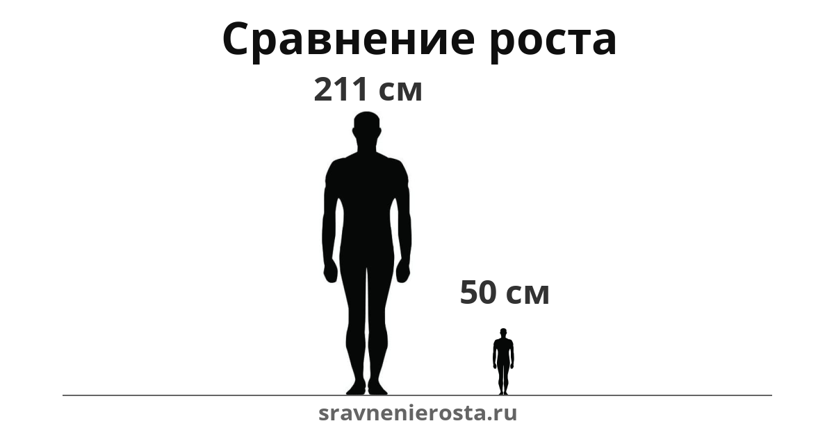 Визуализация соотношения роста мужчины (211 см) и мужчины (50 см) на сайте sravnenierosta.ru