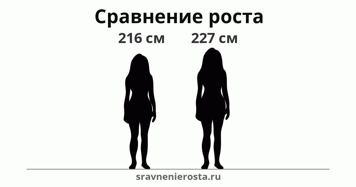 Визуализация соотношения роста женщины (216 см) и женщины (227 см) на сайте sravnenierosta.ru