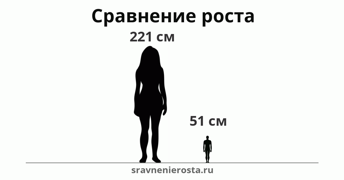 Визуализация соотношения роста женщины (221 см) и мужчины (51 см) на сайте sravnenierosta.ru