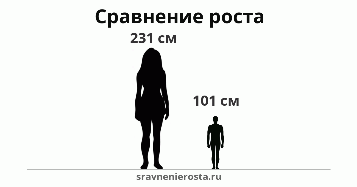 Визуализация соотношения роста женщины (231 см) и мужчины (101 см) на сайте sravnenierosta.ru