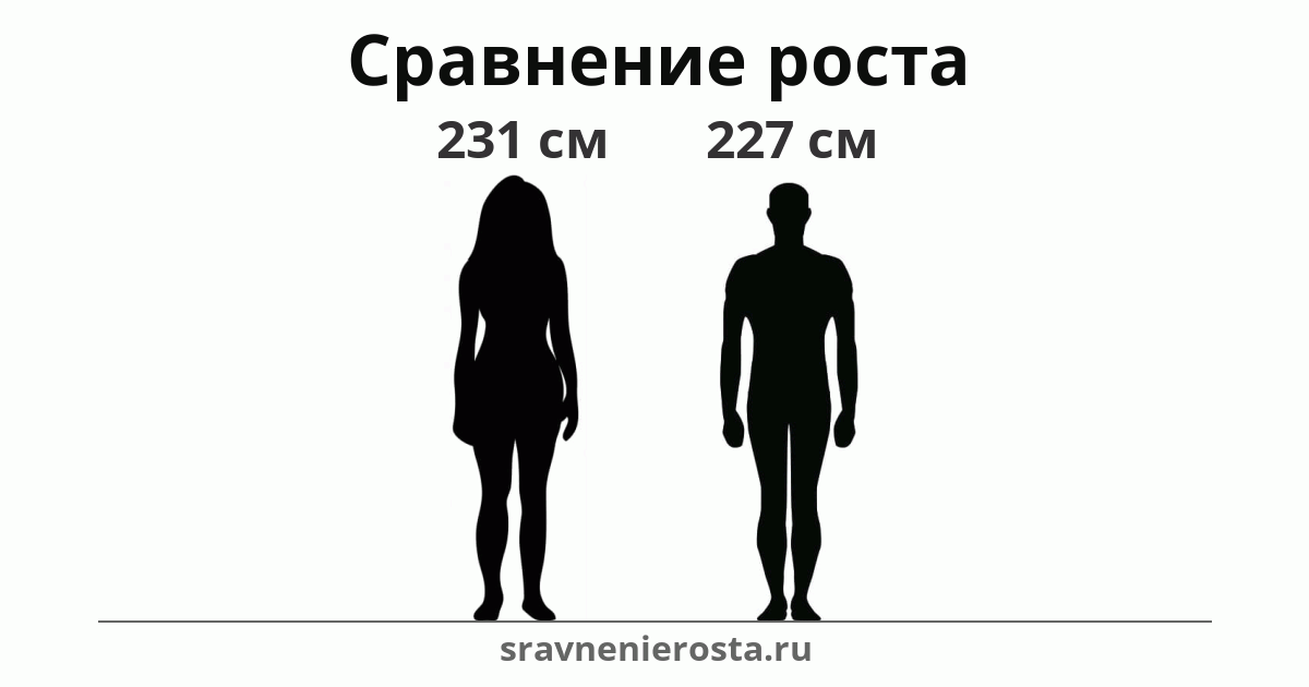 Визуализация соотношения роста женщины (231 см) и мужчины (227 см) на сайте sravnenierosta.ru