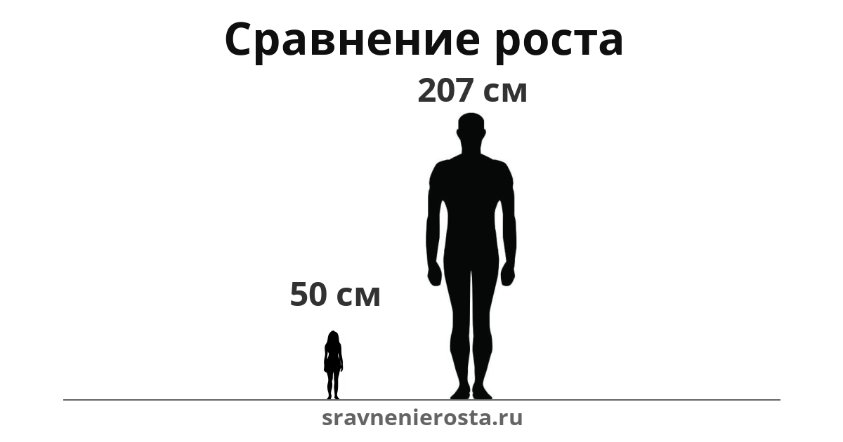 Визуализация соотношения роста женщины (50 см) и мужчины (207 см) на сайте sravnenierosta.ru