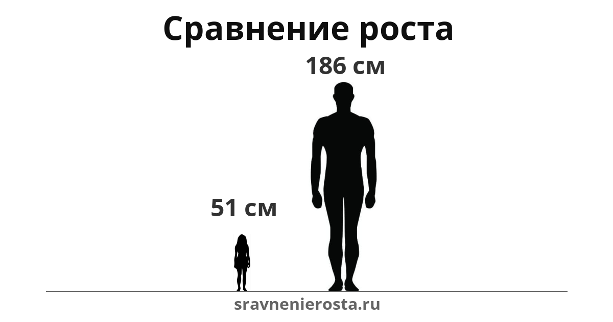 Визуализация соотношения роста женщины (51 см) и мужчины (186 см) на сайте sravnenierosta.ru