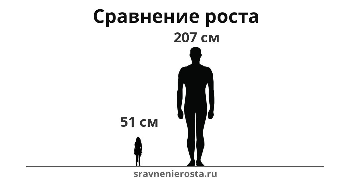Визуализация соотношения роста женщины (51 см) и мужчины (207 см) на сайте sravnenierosta.ru