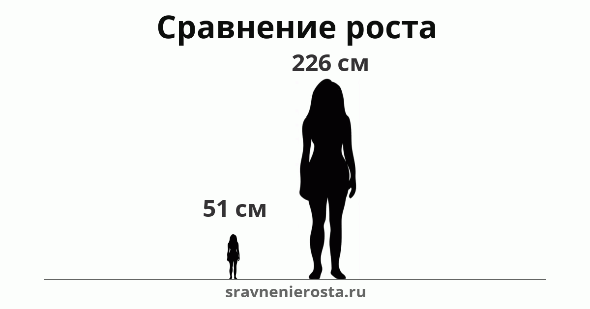 Визуализация соотношения роста женщины (51 см) и женщины (226 см) на сайте sravnenierosta.ru