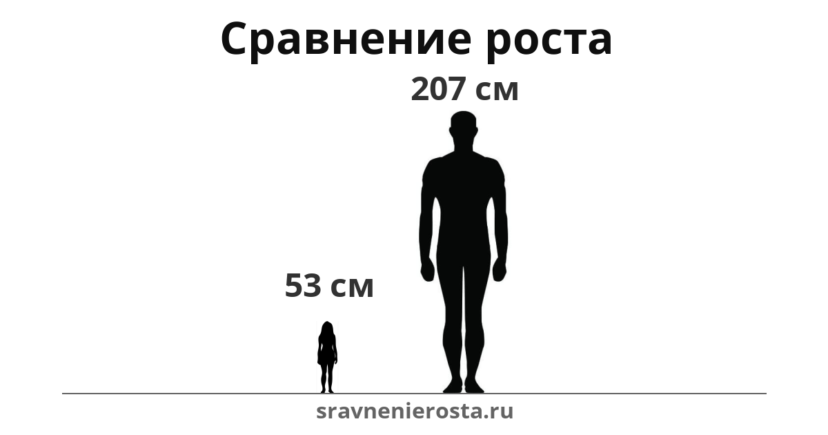 Визуализация соотношения роста женщины (53 см) и мужчины (207 см) на сайте sravnenierosta.ru