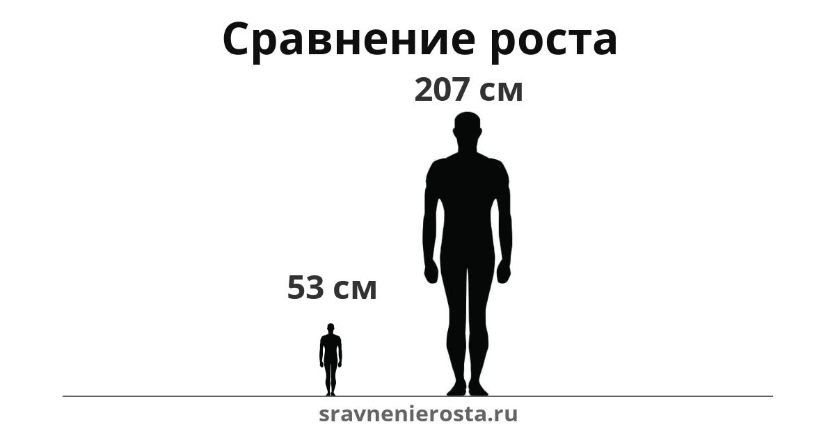 Визуализация соотношения роста мужчины (53 см) и мужчины (207 см) на сайте sravnenierosta.ru