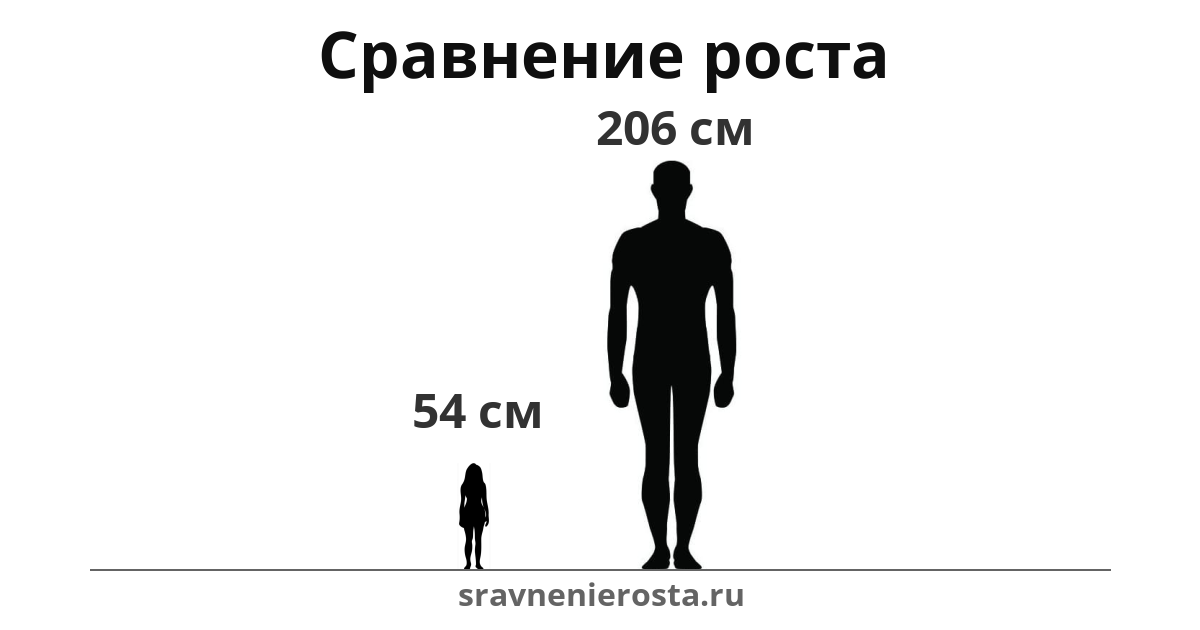 Визуализация соотношения роста женщины (54 см) и мужчины (206 см) на сайте sravnenierosta.ru