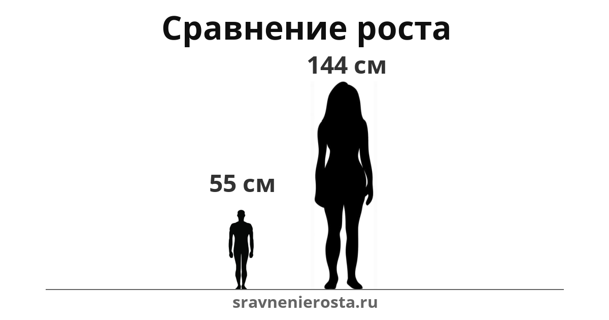 Визуализация соотношения роста мужчины (55 см) и женщины (144 см) на сайте sravnenierosta.ru