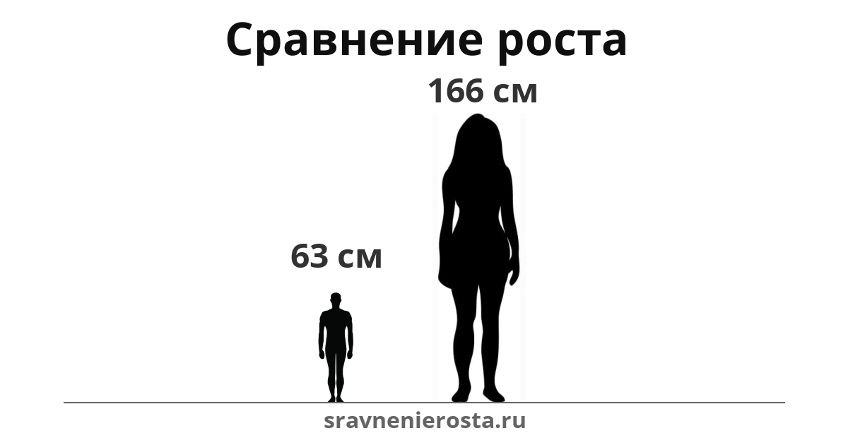 Визуализация соотношения роста мужчины (63 см) и женщины (166 см) на сайте sravnenierosta.ru