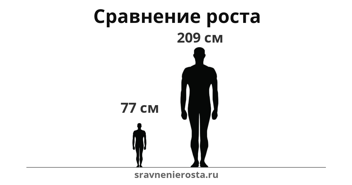 Визуализация соотношения роста мужчины (77 см) и мужчины (209 см) на сайте sravnenierosta.ru
